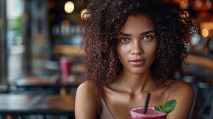 Fototapeta premium Young woman in a cafe holding a smoothie, looking at the camera. Concept of relaxation and enjoying a refreshing drink. For lifestyle blogging..