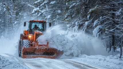 A Vibrant Snowplow Clears a Snow-Covered Path Through Majestic Winter Forestscape