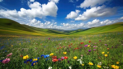 Vibrant Meadow Under a Blue Sky with Fluffy Clouds