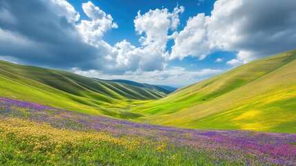 Fototapeta premium Colorful Meadow Under Blue Sky with Clouds