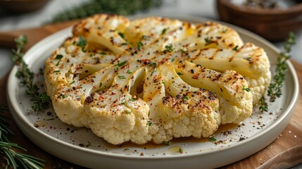 Fototapeta premium Grilled cauliflower steak with spices sits on a plate surrounded by herbs. Concept of healthy, vegetarian cuisine. For food blog or recipe illustration..