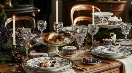 Fototapeta premium Elegant Holiday Dinner Table with Fine Dining Decor