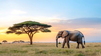 A serene scene capturing a majestic elephant walking gracefully through a sun-drenched savannah, with acacia trees silhouetted against a vibrant sunset sky. The composition allows ample space for