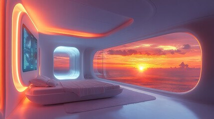 Futuristic bedroom, large window, mountain view, sunset.