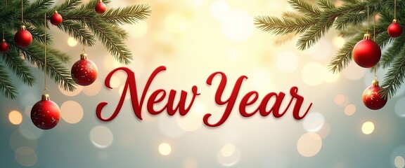 Festive 'Happy New Year' message with pine branches and ornaments representing holiday cheer against a warm background with copy space