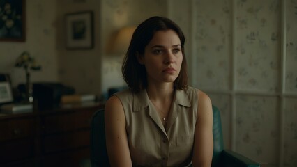 Fototapeta premium Upset woman sitting in a psychologist's office, emotional and reflective mood