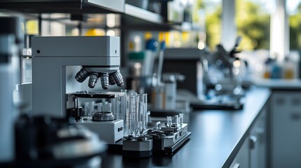 A Close-up of a Microscope with Multiple Lenses in a Laboratory Setting