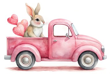 Watercolor Bunny on Vintage Truck Valentine's Day