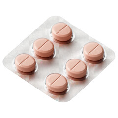 Obraz premium Blister pack containing six brown round tablets with a scored line in the center, designed for easy splitting and dosage management. Isolated on transparent background, png.