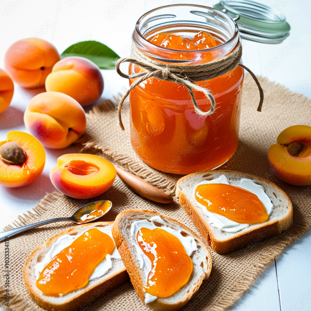 Poster Glass jar filled with apricot jam with two slices of bread spread with apricot jam
