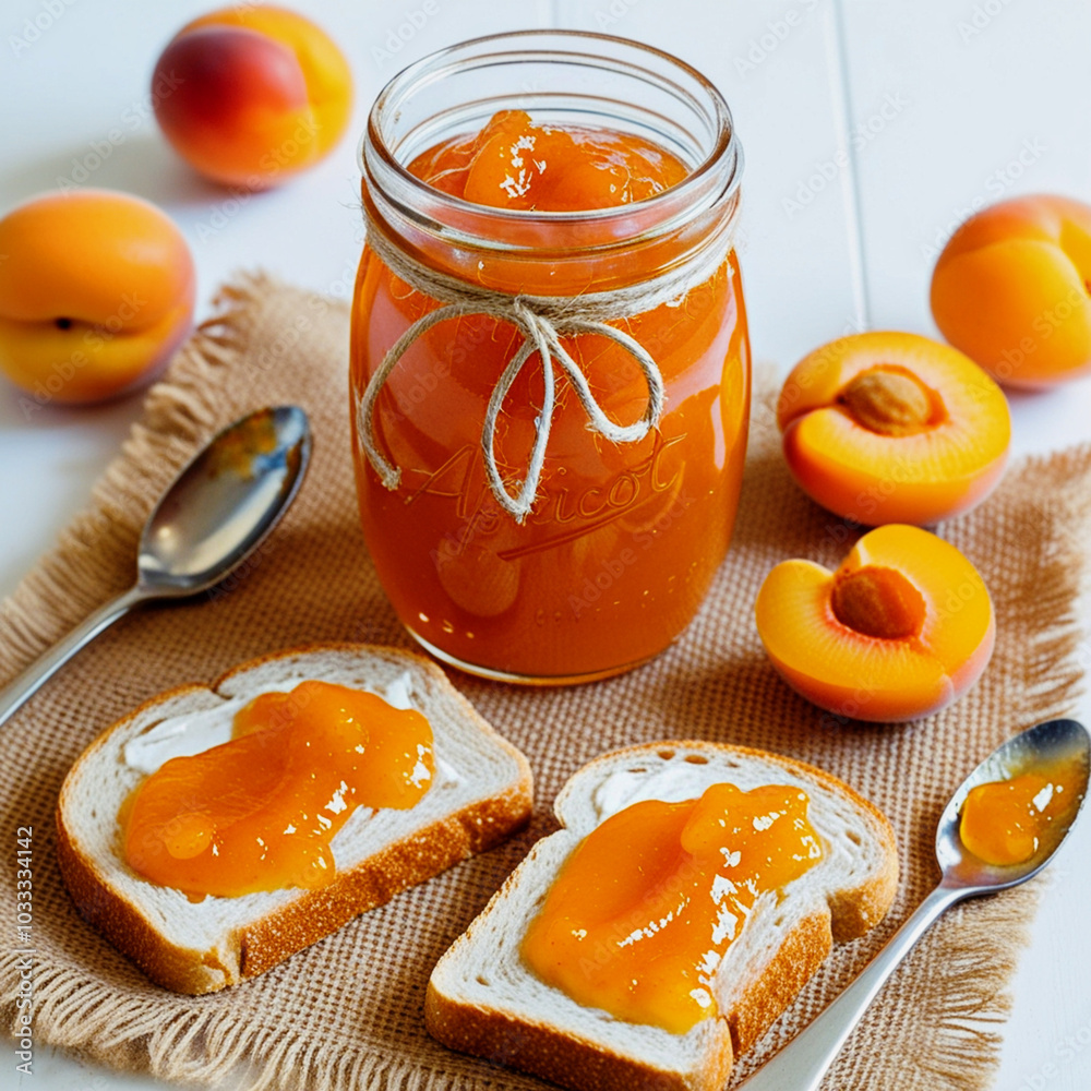 Poster glass jar filled with apricot jam with two slices of bread spread with apricot jam