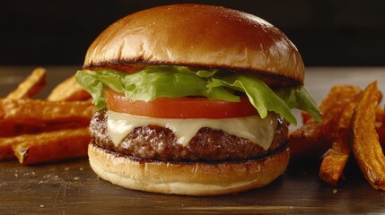Juicy Burger with Lettuce and Tomato on Wooden Background