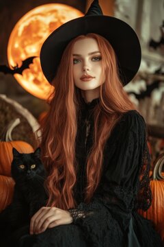 Realistic Photography A beautiful witch with long red hair in a black cloak and hat, castle walls visible in the background