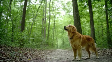 Golden Retriever Standing in Lush Green Forest