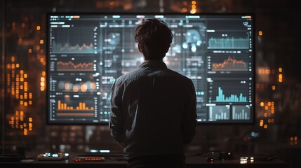 Focused Professional Man Analyzing Data on Large Digital Screen in Modern Office