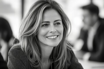 Obraz premium Smiling female executive talking in meeting, Generative AI