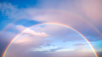 Soft double rainbow spanning the sky with pastel clouds in a serene atmosphere