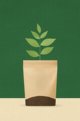 Potted plant with green leaves in eco-friendly bag against a vibrant green background.