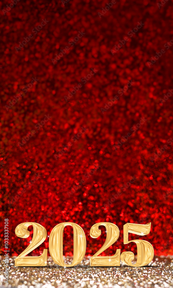 Aufkleber happy new year 2025 3d rendering gold color on red glitter background