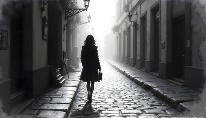 Mysterious woman walking down a foggy cobblestone street in black and white 