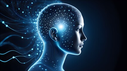 Obraz premium Visually represent the flow of data or light in the form of a human, Add digital patterns or flows around the human head to make it look like the AI ​​is understanding human thoughts.