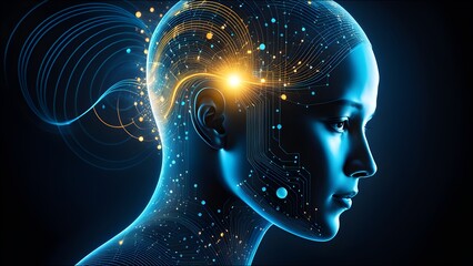 Obraz premium Visually represent the flow of data or light in the form of a human, Add digital patterns or flows around the human head to make it look like the AI ​​is understanding human thoughts.