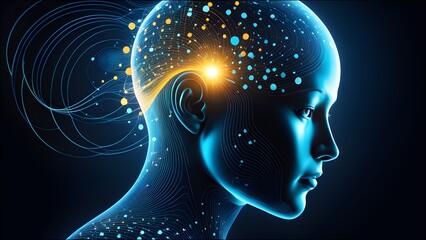 Obraz premium Visually represent the flow of data or light in the form of a human, Add digital patterns or flows around the human head to make it look like the AI ​​is understanding human thoughts.