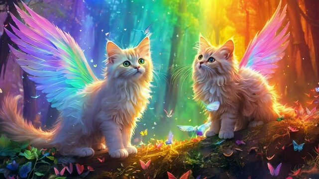 Light Winged Cats Explore the Rainbow Forest