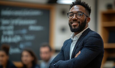 Fototapeta premium Businessman giving presentation to colleagues at meeting, Generative AI