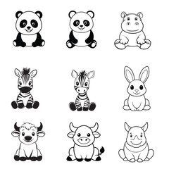 Naklejka premium Set of Cute Animals Outline clipart Design - Baby Animals vector illustration in black and white