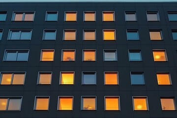 Modern Urban Building Facade with Illuminated Windows at Dusk