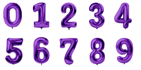 isolated purple foil balloons with numbers from  0 to 9