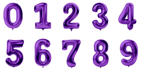 isolated purple foil balloons with numbers from  0 to 9