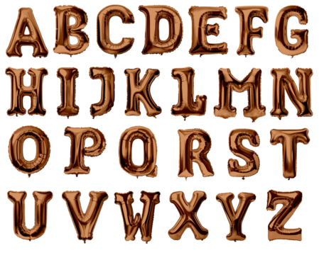Set of foil copper birthday ballons with letters from alphabet