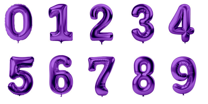isolated purple foil balloons with numbers from  0 to 9
