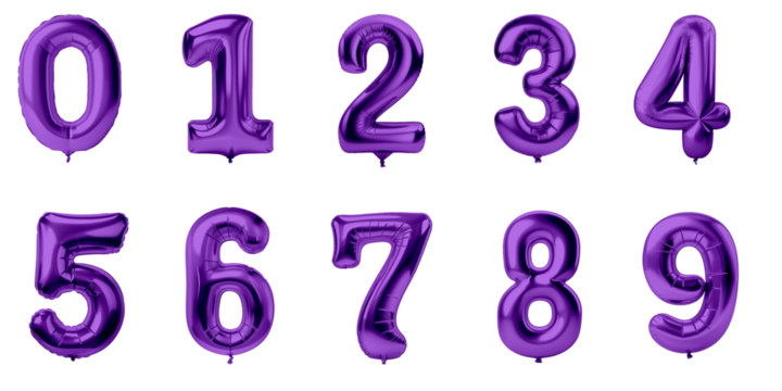 isolated purple foil balloons with numbers from  0 to 9