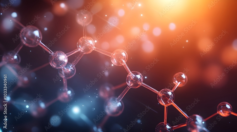 Wall mural molecular structure with glowing spheres and bokeh background