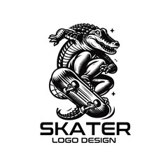 Skater Crocodile Vector Logo Design