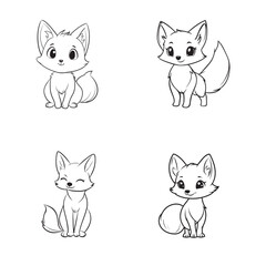 Obraz premium Set of Cute Fox face vector illustration in black and white - Baby Fox Outline Clipart Design