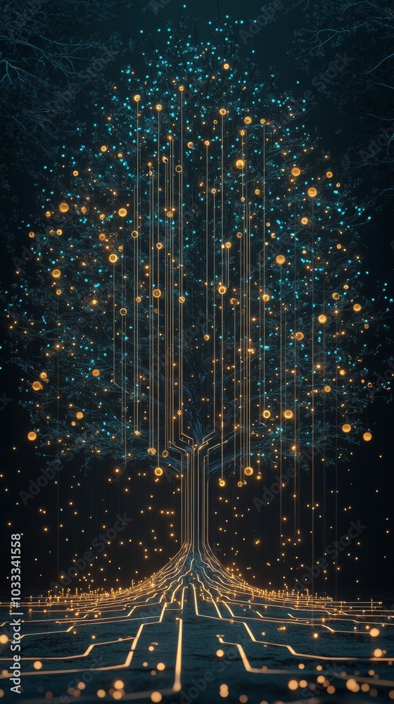 Poster futuristic digital tree with glowing lights and circuit lines, technology concept