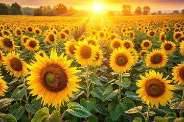 Bright golden sunflower field isolated background Bird Eye View