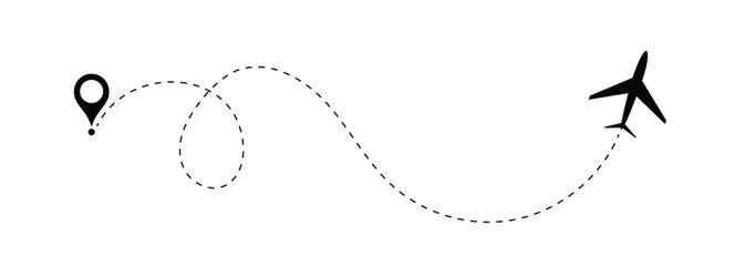 flight path of the aircraft from the point of location along the dotted line, Airplane line path vector travel line. plane travelling from start point to end point with dotted line