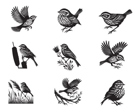 Collection of Song sparrow silhouette Design - Song sparrow Bird vector illustration