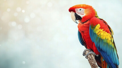 Obraz premium beautiful parrot on a white background, a colorful parakeet sitting on a branch, an exotic bird isolated on a blurred, bokeh-like, light pastel background, Generative AI