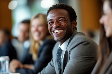 Obraz premium Happy businesspeople laughing cheerfully during a meeting, Generative AI