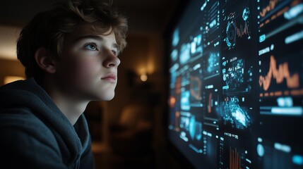 Focused Professional Man Analyzing Data on Large Digital Screen in Modern Office