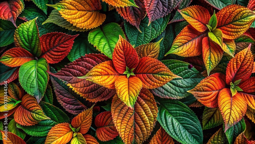 Canvas Prints A vibrant tapestry of leaves, ranging from deep greens to fiery oranges and reds, showcasing the intricate beauty of nature's palette.