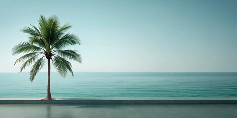 Obraz premium A lone palm tree stands tall on a concrete platform overlooking a vast expanse of azure water. The gentle breeze rustles the palm fronds as the sun casts a warm glow on the scene.