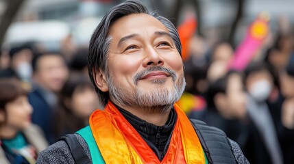 Naklejka premium Happy Asian Man With Rainbow Scarf at Public Event