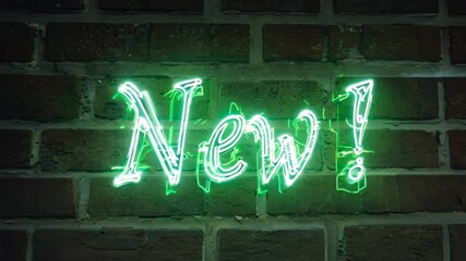 The word "New!" written in neon green graffiti style against a dark brick wall, glowing vibrantly in neon light.
